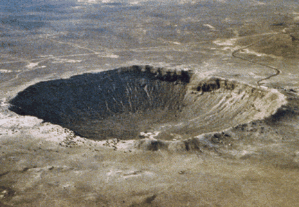 This is the Barringer Meteor Crater in Arizona. The diameter is 1.2
  kilomters, and it is 49,000 years old. Compared with other planets, <a
  href="/earth/Interior_Structure/crater.html&edu=elem&dev=">impact
  craters</a> are rare <a
  href="/earth/Interior_Structure/surface_features.html&edu=elem&dev=">surface
  features</a> on Earth. There are two main reasons for the low number of
  craters. One is that our <a
  href="/earth/Atmosphere/overview.html&edu=elem&dev=">atmosphere</a>
  burns up most <a
  href="/our_solar_system/meteors/meteors.html&edu=elem&dev=">meteoroids</a>
  before they reach the surface. The other reason is that Earth's surface is <a
  href="/earth/interior/plate_tectonics.html&edu=elem&dev=">continually
  active</a> and erases the marks of craters over time.<p><small><em>D. Roddy and LPI</em></small></p>