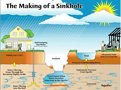 Los boquetes son <a href="/teacher_resources/main/frameworks/esl_bi8.html&edu=high&lang=sp" class=outlink> peligros naturales</a> en muchos lugares  del mundo. Se forman cuando el agua disuelve la <a href="/earth/Water/carbonates.html&edu=high&lang=sp"> piedra caliza</a>subyacente, llevando al colapso de la superficie. Las condiciones hidrolgicas como la falta de lluvias, disminucin de los niveles de agua o exceso de lluvias pueden contribuir al desarrollo de boquetes o sumideros. En 28/02/2013, un boquete se desarroll repentinamente bajo una casa de las afueras de Tampa, Florida, llevando a la trgica muerte de su ocupante, Jeff Bush.<p><small><em></em></small></p>