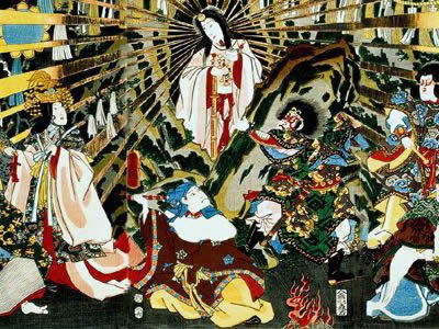 <a href="/mythology/amaterasu_sun.html&edu=elem&lang=sp&dev=">Amaterasu</a> es la diosa shinto del sol. Amaterasu del ojo izquierdo del ser primario Izanagi. Cuando su hermano Susanowo la maltrat, se escondi en una caverna en el cielo, cerrando la entrada con una enorme roca. Esta imagen la muestra saliendo de la cueva, con algunas rocas a un lado. 
<p><small><em>Imagen en dominio pblico /Wikipedia Commons</em></small></p>