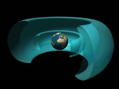 Concepcin artstica de la Tierra y sus <a   href="/glossary/radiation_belts.html&edu=high&lang=sp">cinturones de radiacin</a> interior y exterior que la rodean. Los cinturones de radiacin de la Tierra son slo una parte del sistema llamado <a href="/earth/Magnetosphere/overview.html&edu=high&lang=sp">magnetosfera</a>. Los cinturones de radiacin estn compuestos de <a href="/physical_science/physics/atom_particle/electron.html&edu=high&lang=sp">electrones</a>, <a href="/physical_science/physics/atom_particle/proton.html&edu=high&lang=sp">protones</a> e iones atmicos ms pesados. Estos cinturones fueron <a href="/earth/Magnetosphere/radiation_belts_discovery.html&edu=high&lang=sp">descubiertos</a> por James Van Allen en 1958, y son conocidos como los Cinturones de Radiacin de Van Allen.<p><small><em>Imagen cortesa de Ventanas al Universo</em></small></p>