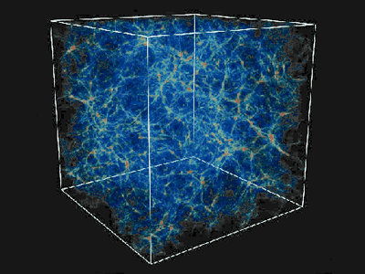 <a href="/the_universe/Cosmology.html&lang=sp&dev=">Cosmologa</a> es el estudio de la estructura general del Universo. El universo observable es el que se revela a s mismo a travs de <a href="/physical_science/magnetism/em_radiation.html&lang=sp&dev=">radiacin electromagntica</a> que puede ser detectada en la Tierra. Los astrnomos observan estructuras interesantes en el <a href="/the_universe/Current.html&lang=sp&dev="> universo actual</a>.  Esta imagen muestra los resultados de una simulacin computacional representando una porcin de nuestro universo.<p><small><em>Imagen cortesa de G. L. Bryan, M. L. Norman, UIUC, NCSA, GC3</em></small></p>